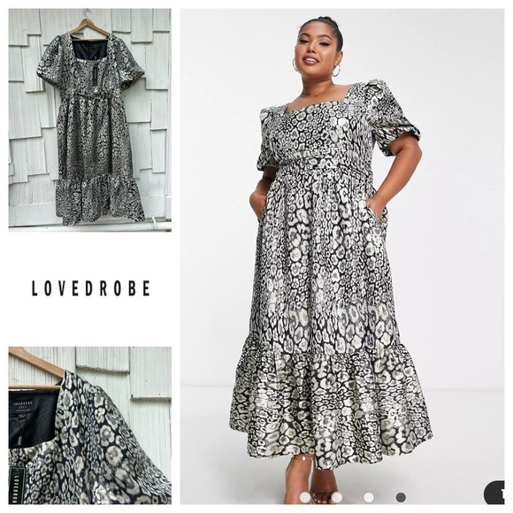 NWT Lovedrobe Luxe Plus Midaxi Dress Metallic Leopard Jacquard Puff Sleeve Sz 18 - Picture 1 of 8